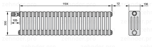 Схема (чертеж) Радиатор Zehnder Charleston 4030/24 №V011 Белый глянцевый RAL 9016